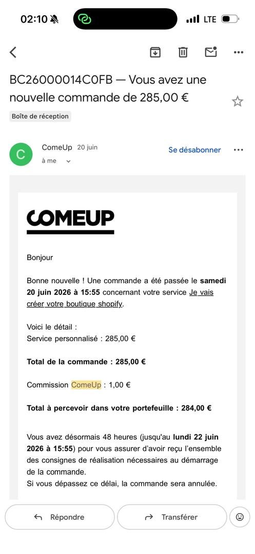 Commande ComeUp 285 euros
